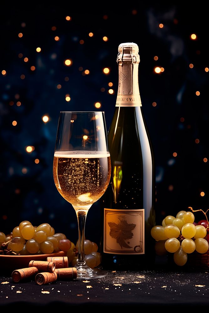 Sparkling wine glass and bottle. (AI Generated)
